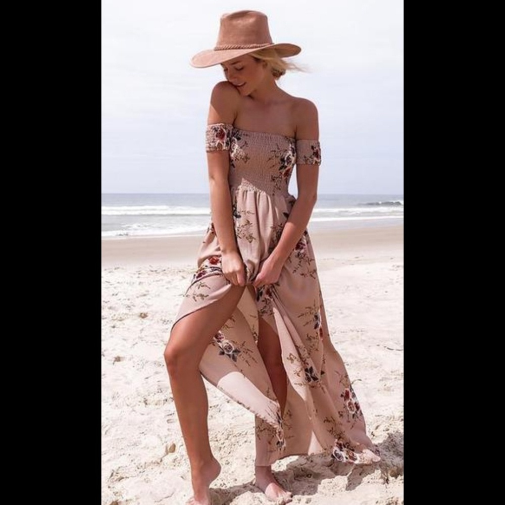 Tan boho floral off the shoulder maxi with slit - Picture 2 of 6